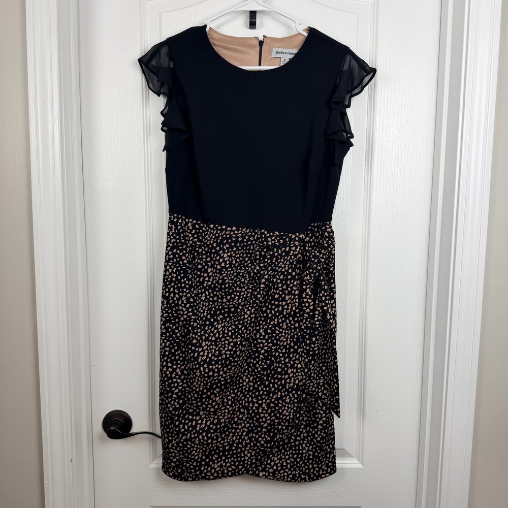 Shelby & Palmer Black Tan Animal Print Flutter Sleeve Wrap Skirt Sheath Dress 6